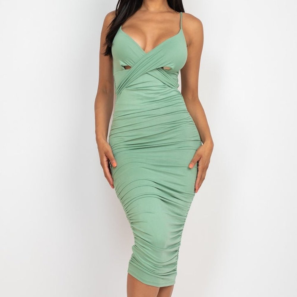 Womens Sexy Green Bay Cross Wrap Stretch Knit Strap V-neck Ruched Midi Dress NWT